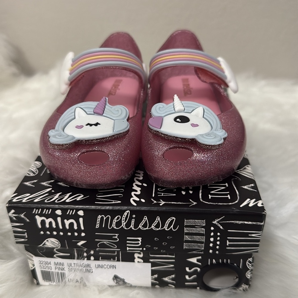 New! Mini Melissa Ultragirl Unicorn Rainbow Pink Sparkling‎ Mary Jane sz 8